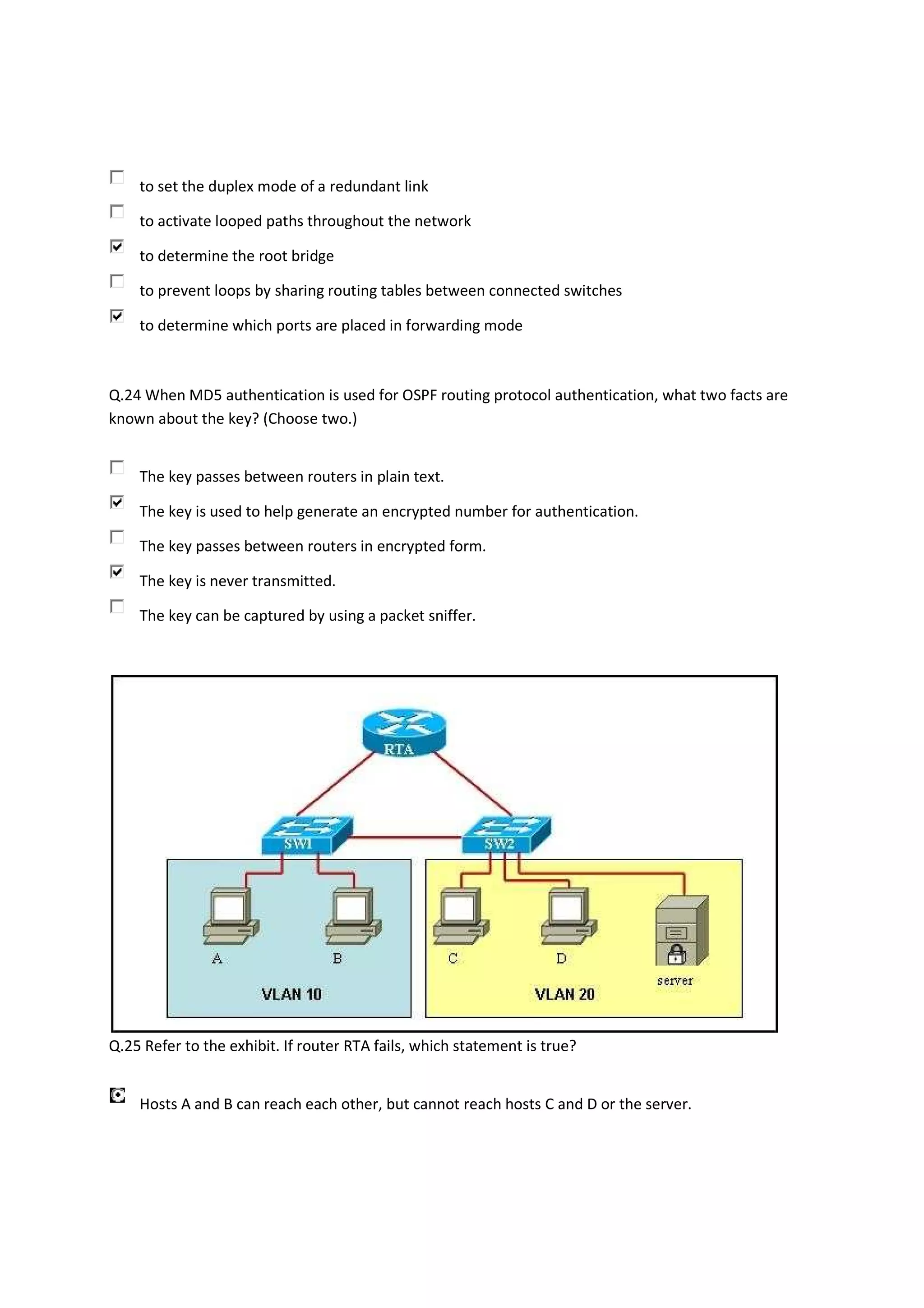 to set the duplex mode of a redundant link

    to activate looped paths throughout the network

    to determine the root bridge

    to prevent loops by sharing routing tables between connected switches

    to determine which ports are placed in forwarding mode



Q.24 When MD5 authentication is used for OSPF routing protocol authentication, what two facts are
known about the key? (Choose two.)


    The key passes between routers in plain text.

    The key is used to help generate an encrypted number for authentication.

    The key passes between routers in encrypted form.

    The key is never transmitted.

    The key can be captured by using a packet sniffer.




Q.25 Refer to the exhibit. If router RTA fails, which statement is true?


    Hosts A and B can reach each other, but cannot reach hosts C and D or the server.
 