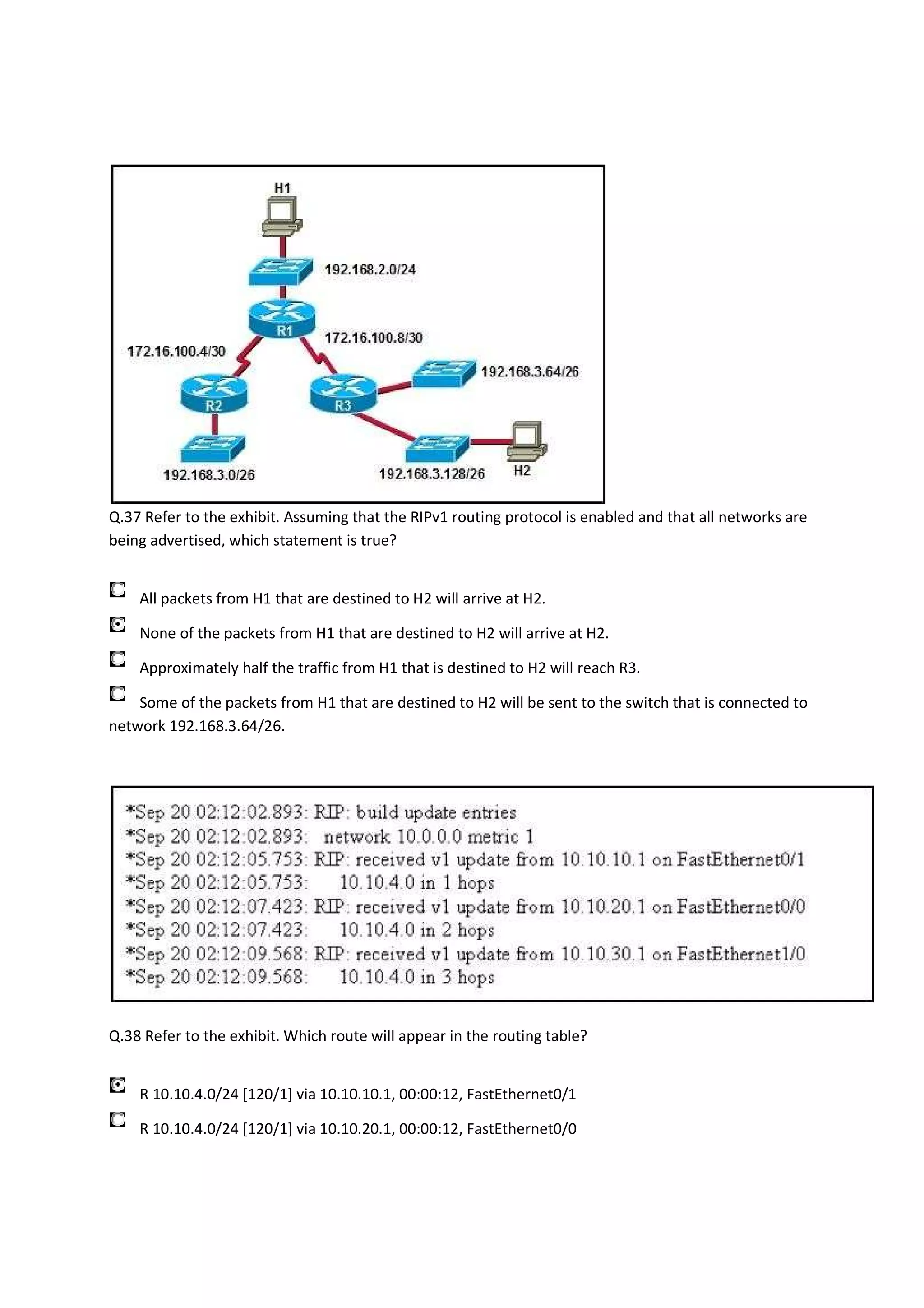 Q.37 Refer to the exhibit. Assuming that the RIPv1 routing protocol is enabled and that all networks are
being advertised, which statement is true?


    All packets from H1 that are destined to H2 will arrive at H2.

    None of the packets from H1 that are destined to H2 will arrive at H2.

    Approximately half the traffic from H1 that is destined to H2 will reach R3.

    Some of the packets from H1 that are destined to H2 will be sent to the switch that is connected to
network 192.168.3.64/26.




Q.38 Refer to the exhibit. Which route will appear in the routing table?


    R 10.10.4.0/24 [120/1] via 10.10.10.1, 00:00:12, FastEthernet0/1

    R 10.10.4.0/24 [120/1] via 10.10.20.1, 00:00:12, FastEthernet0/0
 