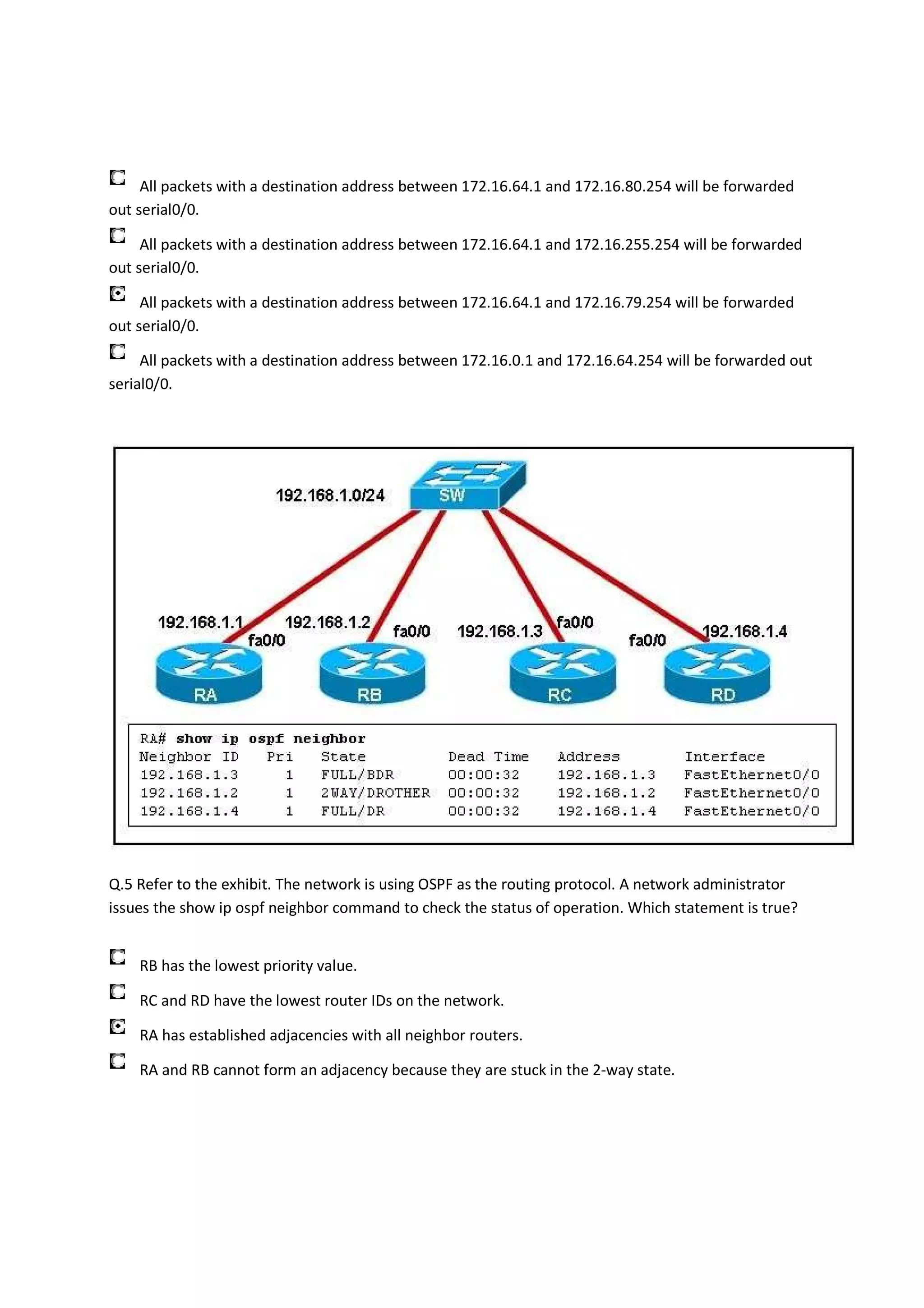 All packets with a destination address between 172.16.64.1 and 172.16.80.254 will be forwarded
out serial0/0.

     All packets with a destination address between 172.16.64.1 and 172.16.255.254 will be forwarded
out serial0/0.

     All packets with a destination address between 172.16.64.1 and 172.16.79.254 will be forwarded
out serial0/0.

     All packets with a destination address between 172.16.0.1 and 172.16.64.254 will be forwarded out
serial0/0.




Q.5 Refer to the exhibit. The network is using OSPF as the routing protocol. A network administrator
issues the show ip ospf neighbor command to check the status of operation. Which statement is true?


    RB has the lowest priority value.

    RC and RD have the lowest router IDs on the network.

    RA has established adjacencies with all neighbor routers.

    RA and RB cannot form an adjacency because they are stuck in the 2-way state.
 
