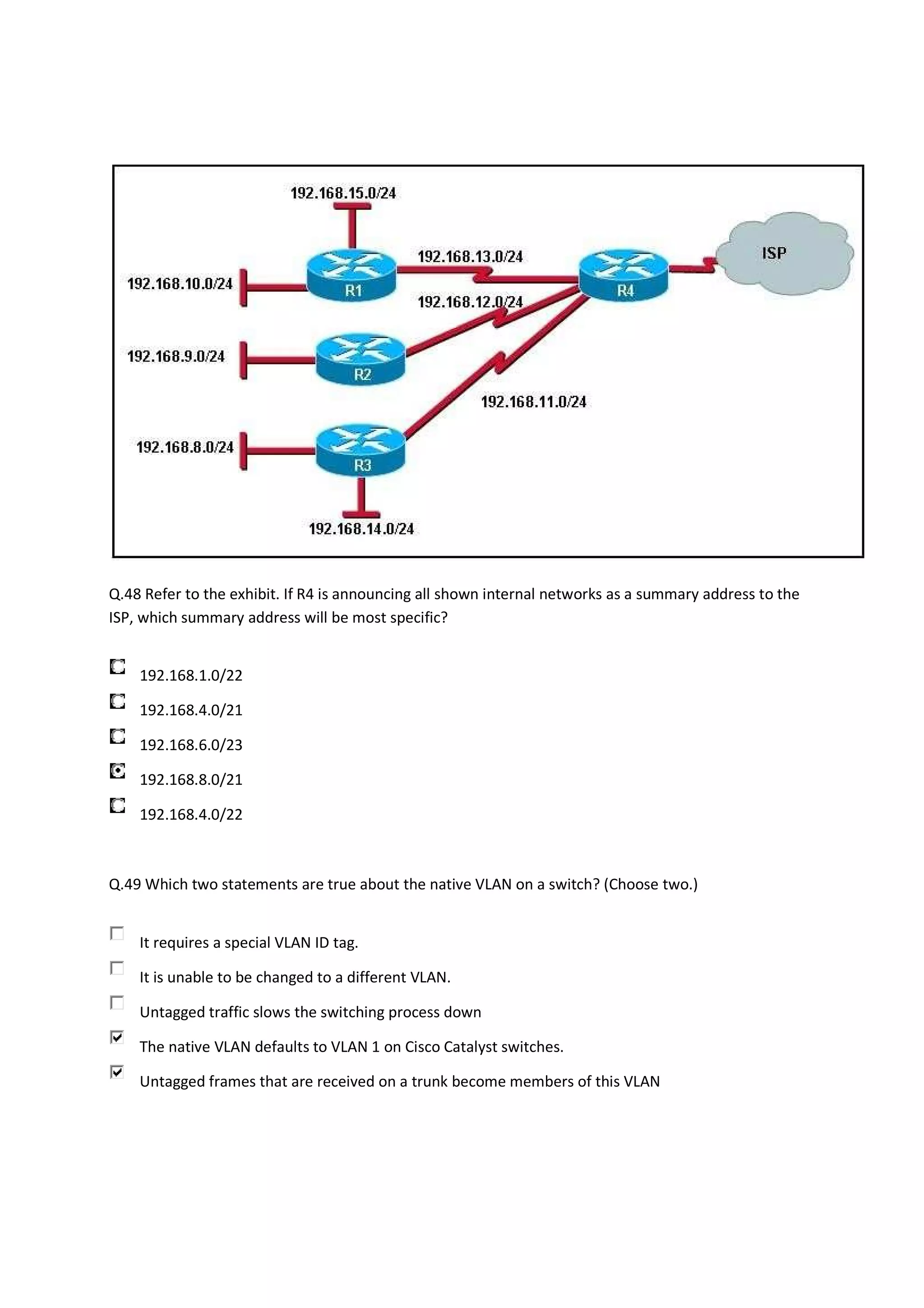 Q.48 Refer to the exhibit. If R4 is announcing all shown internal networks as a summary address to the
ISP, which summary address will be most specific?


    192.168.1.0/22

    192.168.4.0/21

    192.168.6.0/23

    192.168.8.0/21

    192.168.4.0/22



Q.49 Which two statements are true about the native VLAN on a switch? (Choose two.)


    It requires a special VLAN ID tag.

    It is unable to be changed to a different VLAN.

    Untagged traffic slows the switching process down

    The native VLAN defaults to VLAN 1 on Cisco Catalyst switches.

    Untagged frames that are received on a trunk become members of this VLAN
 
