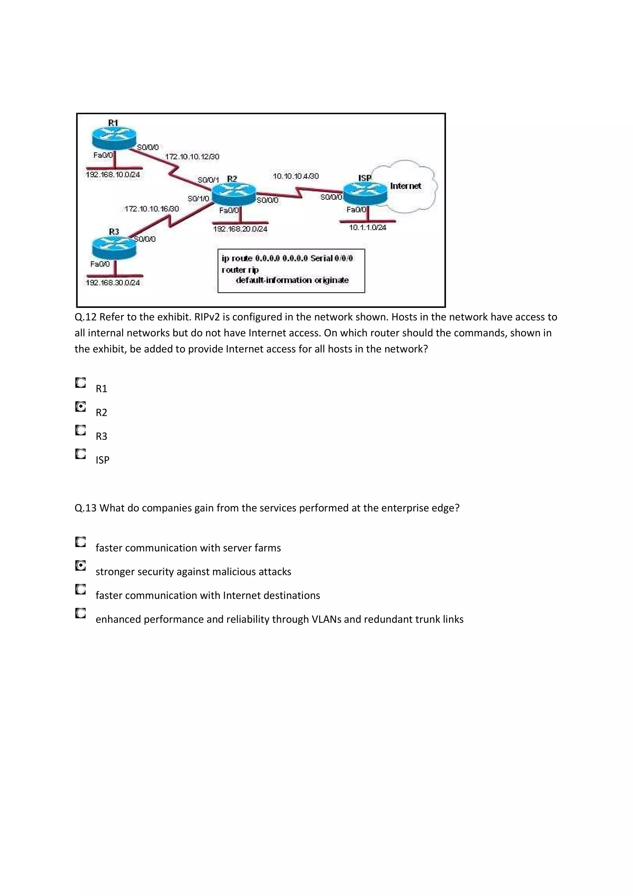 Q.12 Refer to the exhibit. RIPv2 is configured in the network shown. Hosts in the network have access to
all internal networks but do not have Internet access. On which router should the commands, shown in
the exhibit, be added to provide Internet access for all hosts in the network?


    R1

    R2

    R3

    ISP



Q.13 What do companies gain from the services performed at the enterprise edge?


    faster communication with server farms

    stronger security against malicious attacks

    faster communication with Internet destinations

    enhanced performance and reliability through VLANs and redundant trunk links
 
