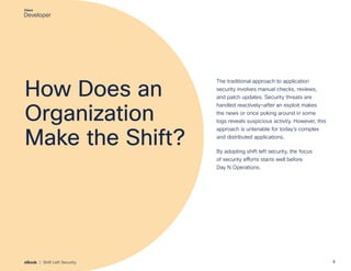 How Does an
Organization
Make the Shift?
The traditional approach to application
security involves manual checks, reviews,
and patch updates. Security threats are
handled reactively—after an exploit makes
the news or once poking around in some
logs reveals suspicious activity. However, this
approach is untenable for today’s complex
and distributed applications.
By adopting shift left security, the focus
of security efforts starts well before
Day N Operations.
9
eBook | Shift Left Security
 