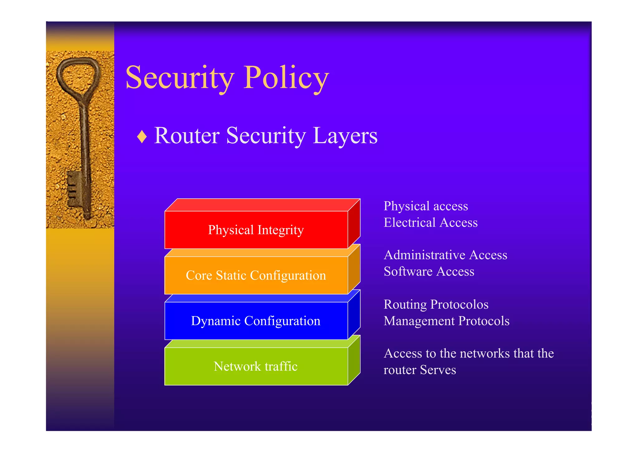 Security Policy
♦ Router Security Layers


                                 Physical access
                                 Electrical Access
        Physical Integrity
                                 Administrative Access
     Core Static Configuration   Software Access

                                 Routing Protocolos
     Dynamic Configuration       Management Protocols

                                 Access to the networks that the
         Network traffic         router Serves
 