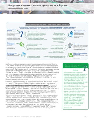 © Cisco и/или ее дочерние компании, 2015. Все права защищены. стр. 4
Цифровое производственное предприятие в Европе
Решение дилеммы услуг
Использование
ресурсов
Проактивное обслуживание
Дистанционный мониторинг
Борьба с кражами
Беспроводная сеть
в масштабах предприятия
Переналадка сборочной линии
Сокращение времени простоев
Бизнес-результаты
Увеличение срока службы оборудования
Сокращение расходов на обслуживание
Сокращение расходов на кабели
Сокращение времени на выделение
ресурсов, согласование и ожидание
Сокращение времени на обработку заказов
Инновации
Вывод новых продуктов на рынок
Оптимизация процессов НИОКР
Подключенное к сети
оборудование заказчиков
Сокращение сроков вывода
продукции на рынок
Обратная связь с заказчиками
в режиме реального времени
Дистанционный анализ
рабочих параметров оборудования
Цепочки поставок
и логистика
Управление безопасностью
Сокращение числа аварий
Сокращение потерь и краж
Качество обслуживания
заказчиков
Интеграция производства и CRM
Повышение уровня
персонализации
Повышение точности моделирования гарантии
Контроль объемов производства
Обеспечение
устойчивости
Управление
энергопотреблением
Контроль качества
Снижение потребления энергии
Повышение качества
Улучшение управления ресурсами
Повышение производственной эффективности
Сокращение объемов доработок и брака
Производительность
труда работников
Управление обучением
Визуальная информация
Система управления
инцидентами
Бизнес-результаты
Эффективное обучение
с помощью решений
для совместной работы
Автоматизация процессов
управления персоналом
Повышение мобильности
сотрудников
В Европе данные сценарии использования оказывают наибольшее влияние на бизнес-результаты,
которые должны обеспечивать рост рентабельности в течение ближайших 10 лет (2015–2024 гг.).
Цифровизация предприятия дает значительные бизнес-результаты
особенно на фоне замедления роста и сокращения бюджетов. Вместе
с тем темпы развития бизнеса растут экспоненциально. Производители
должны использовать возможности, обеспечивающие самоокупаемость
инвестиций. В условиях такого постоянного ускорения производственным
компаниям необходимы устойчивые конкурентные преимущества,
которые можно получить благодаря цифровому преобразованию бизнеса.
Для этого требуются фундаментальные изменения бизнес-процессов,
причем в максимально сжатые сроки. Хорошая новость состоит
в том, что предприятия будут получать существенные выгоды по мере
осуществления цифровизации.
Согласно подготовленному по инициативе компаний IMD и Cisco отчету
Глобального центра цифровых преобразований бизнеса (Цифровой
вихрь: как цифровизация переформатирует целые отрасли) четыре из
десяти ведущих производителей в ближайшие три года могут утратить
свои позиции из-за отставания в области цифровизации. При этом, 41 %
респондентов не рассматривают цифровизацию как одну из главных
задач руководства своих предприятий.18
Учитывая угрозу отставания,
такое мнение явно следует считать ошибочным.
Недавний анализ ожидаемой выгоды, проведенный Cisco, подтверждает
наличие возможностей увеличения прибыли. (По определению Cisco,
ожидаемая выгода — это итоговая прибыль, которая в ближайшие десять
лет может быть либо создана компаниями, либо перераспределена
в пользу тех, кто воспользуется возможностями цифровых технологий.)
По нашим прогнозам, в ближайшие десять лет общая выгода
в отрасли составит порядка 383 миллиардов долларов США, прежде
всего благодаря подключению к единой сети конечных продуктов
Использование ресурсов
(пример сценария
использования)
Benteler
Компания Benteler (Германия)
занимается разработкой решений по
безопасности, защите окружающей
среды и повышению эффективности
для производителей транспортных
средств в разных странах. На
автоматизированных заводах Benteler
все станки и производственные
линии подключены к сети, что
обеспечивает возможность контроля
всех этапов производственного
процесса и анализ полученных
данных в облачной среде. Благодаря
этому можно легко менять
конфигурацию производственных
линий и переносить производство
продукции с одной линии на
другую. Это модульное решение
обеспечивает более гибкое
и эффективное использование
производственных помещений,
а также контроль расходов.
[Подробнее]
 