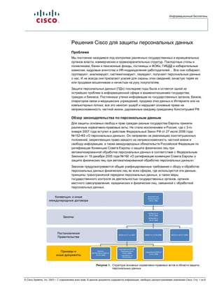 Информационный бюллетень




                                       Решения Cisco для защиты персональных данных
                                       Проблема
                                       Мы постоянно находимся под контролем различных государственных и муниципальных
                                       органов власти, коммерческих и правоохранительных структур. Паспортные столы и
                                       поликлиники, банки и пенсионные фонды, гостиницы и ЖЭКи, ГИБДД и избирательные
                                       комиссии, кадровые агентства и HR-подразделения работодателей… Все они собирают,
                                       группируют, анализируют, систематизируют, передают, получают персональные данные
                                       о нас. И не всегда они прилагают усилия для охраны этих сведений; зачастую теряя их
                                       или продавая мошенникам и нечистым на руку покупателям.
                                       Защита персональных данных (ПДн) последние годы была и остается одной из
                                       острейших проблем в информационной сфере и взаимоотношениях государства,
                                       граждан и бизнеса. Постоянные утечки информации из государственных органов, банков,
                                       операторов связи и медицинских учреждений, продажа этих данных в Интернете или на
                                       компьютерных лотках; все это наносит ущерб и нарушает основные права на
                                       неприкосновенность частной жизни, дарованные каждому гражданину Конституцией РФ.

                                       Обзор законодательства по персональным данным
                                       Для защиты основных свобод и прав граждан разные государства Европы приняли
                                       различные нормативно-правовые акты. Не стала исключением и Россия, где с 3-го
                                       января 2007 года вступил в действие Федеральный Закон РФ от 27 июля 2006 года
                                       №152-ФЗ «О персональных данных». Он направлен на реализацию конституционных
                                       положений, закрепляющих право каждого на неприкосновенность частной жизни и
                                       свободу информации, а также международных обязательств Российской Федерации по
                                       ратификации Конвенции Совета Европы о защите физических лиц при
                                       автоматизированной обработке персональных данных в соответствие с Федеральным
                                       Законом от 19 декабря 2005 года №160 «О ратификации конвенции Совета Европы о
                                       защите физических лиц при автоматизированной обработке персональных данных».
                                       Законом предусматриваются общие унифицированные требования к сбору и обработке
                                       персональных данных физических лиц во всех сферах, где используются эти данные,
                                       принципы трансграничной передачи персональных данных, а также меры
                                       государственного контроля за деятельностью государственных органов, органов
                                       местного самоуправления, юридических и физических лиц, связанной с обработкой
                                       персональных данных.




                                                           Рисунок 1. Структура основных нормативно-правовых актов в области защиты
                                                                      персональных данных



© Cisco Systems, Inc, 2007 г. С сохранением всех прав. В данном документе содержится информация, свободно распространяемая компанией Cisco. Стр. 1 из 8
 