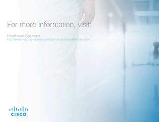 Solution:
VITAS standardized wired and wireless networks
on Cisco networking infrastructure and rolled out
thousands of mobile devices to its staff.
Result:
Secure, reliable mobile access is leading to
faster coordination of care logistics, immediate
access for selecting and generating patient
specific consent forms, and new sync methods
that transfer critical healthcare data within
milliseconds.
Objective:
VITAS Healthcare was looking to leverage mobile
technology to better connect patients, families
and caregivers in a secure environment.
With Cisco and the Internet of Everything, we are applying their best practices
to healthcare and connecting our people and data more intelligently than ever.
- Patrick Hale, SVP and CIO, VITAS Healthcare
VITAS Healthcare
Connecting Caregivers by Delivering High Quality Care for Patients and Their Loved Ones
“ ”Learn More:
http://www.cisco.com/c/m/en_us/ioe/digital-transformation-stories/index.html#/story?storyId=960
 