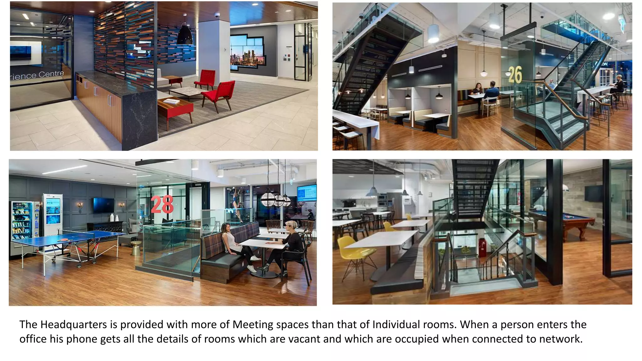 The Headquarters is provided with more of Meeting spaces than that of Individual rooms. When a person enters the
office his phone gets all the details of rooms which are vacant and which are occupied when connected to network.
 
