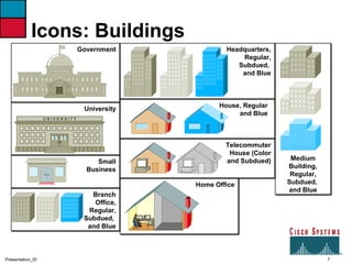 7Presentation_ID
Icons: Buildings
Government
University
U N I V E R S I T YU N I V E R S I T Y
Small
Business
Branch
Office,
Regular,
Subdued,
and Blue
Headquarters,
Regular,
Subdued,
and Blue
House, Regular
and Blue
Telecommuter
House (Color
and Subdued)
Home Office
Medium
Building,
Regular,
Subdued,
and Blue
 