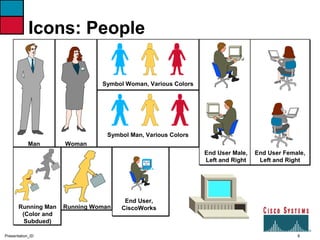 8Presentation_ID
Icons: People
Man Woman
Symbol Woman, Various Colors
Symbol Man, Various Colors
Running Man
(Color and
Subdued)
Running Woman
End User,
CiscoWorks
End User Female,
Left and Right
End User Male,
Left and Right
 