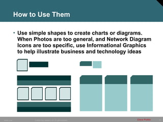 23
© 2006 Cisco Systems, Inc. All rights reserved.
10849_Icons Cisco Public
How to Use Them
• Use simple shapes to create charts or diagrams.
When Photos are too general, and Network Diagram
Icons are too specific, use Informational Graphics
to help illustrate business and technology ideas
 
