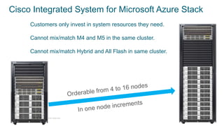 © 2018 Cisco and/or its affiliates. All rights reserved.
Cisco Integrated System for Microsoft Azure Stack
Customers only invest in system resources they need.
Cannot mix/match M4 and M5 in the same cluster.
Cannot mix/match Hybrid and All Flash in same cluster.
 