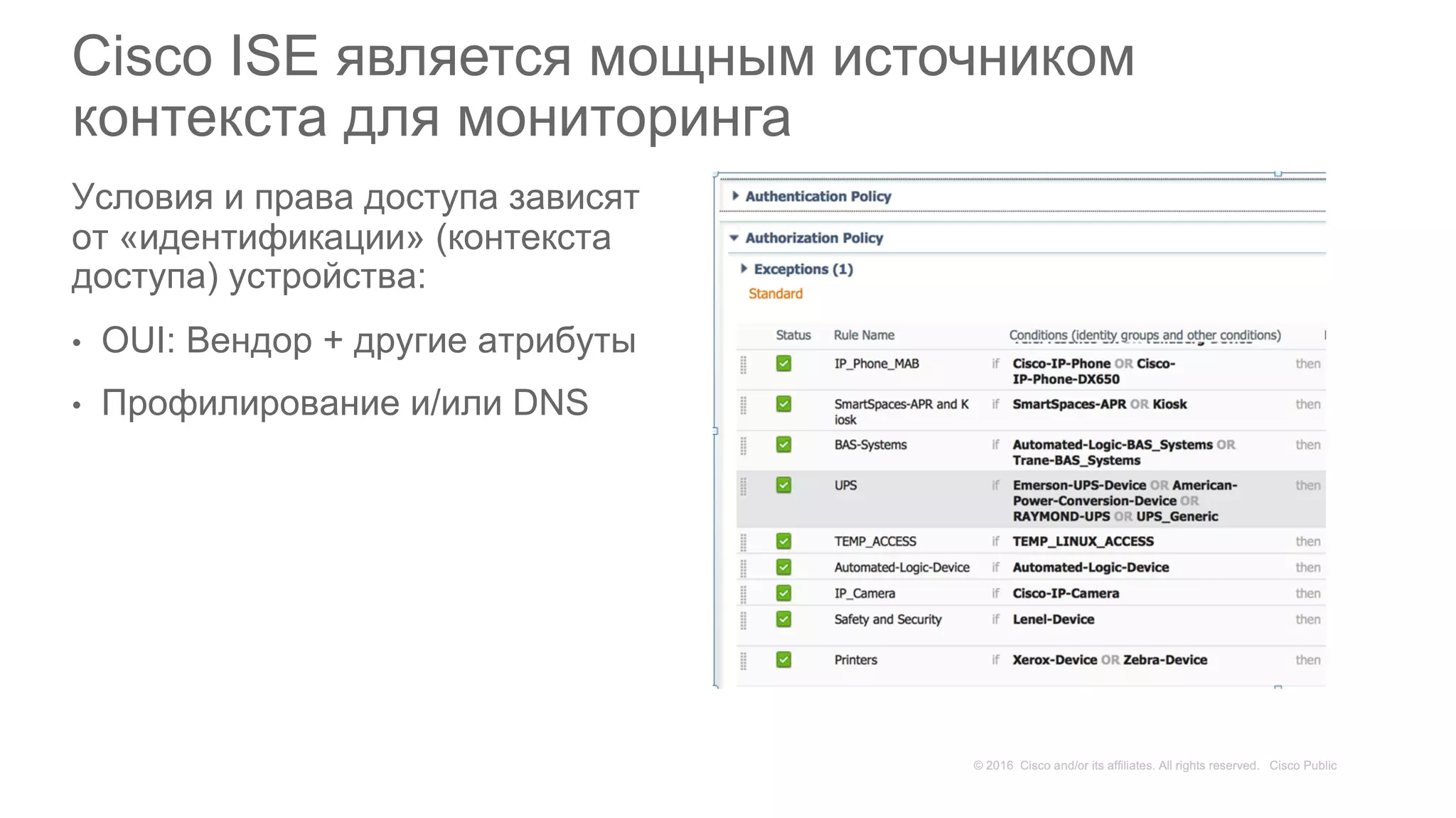 Cisco ISE является мощным источником
контекста для мониторинга
Условия и права доступа зависят
от «идентификации» (контекста
доступа) устройства:
• OUI: Вендор + другие атрибуты
• Профилирование и/или DNS
 