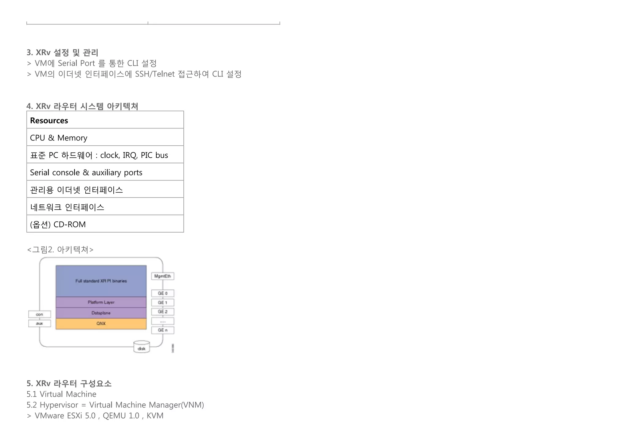    
   
3. XRv 설정 및 관리
> VM에 Serial Port 를 통한 CLI 설정
> VM의 이더넷 인터페이스에 SSH/Telnet 접근하여 CLI 설정
   
   
4. XRv 라우터 시스템 아키텍쳐
Resources
CPU & Memory
표준 PC 하드웨어 : clock, IRQ, PIC bus
Serial console & auxiliary ports
관리용 이더넷 인터페이스
네트워크 인터페이스
(옵션) CD-ROM
   
<그림2. 아키텍쳐>
   
   
5. XRv 라우터 구성요소
5.1 Virtual Machine
5.2 Hypervisor = Virtual Machine Manager(VNM)
> VMware ESXi 5.0 , QEMU 1.0 , KVM
 