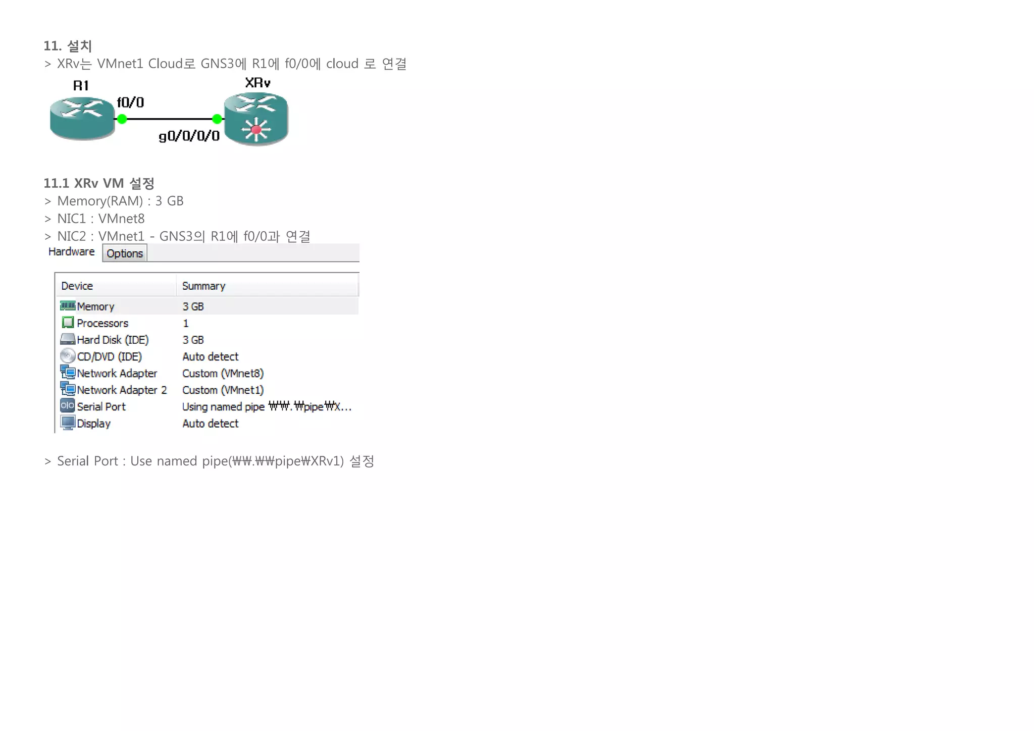 11. 설치
> XRv는 VMnet1 Cloud로 GNS3에 R1에 f0/0에 cloud 로 연결
   
11.1 XRv VM 설정
> Memory(RAM) : 3 GB
> NIC1 : VMnet8
> NIC2 : VMnet1 - GNS3의 R1에 f0/0과 연결
   
> Serial Port : Use named pipe(.pipeXRv1) 설정
 