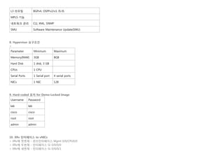 L3 라우팅 BGPv4, OSPFv2/v3, IS-IS
MPLS 기능   
네트워크 관리 CLI, XML, SNMP
SMU Software Maintenance Update(SMU)
   
   
8. Hypervisor 요구조건
>
Parameter Minimum Maximum
Memory(RAM) 3GB 8GB
Hard Disk 1 disk, 3 GB   
CPUs 1 CPU   
Serial Ports 1 Serial port 4 serial ports
NICs 1 NIC 128
   
   
9. Hard-coded 유저 for Demo-Locked Image
Username Password
lab lab
cisco cisco
root root
admin admin
   
   
10. XRv 인터페이스 to vNICs
> XRv에 첫번재 - 관리인터페이스 Mgmt 0/0/CPU0/0
> XRv에 두번재 - 인터페이스 Gi 0/0/0/0
> XRv에 세번재 - 인터페이스 Gi 0/0/0/1
 