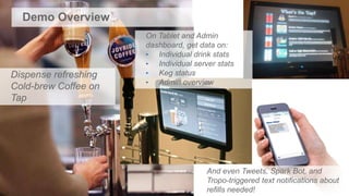 Demo Overview
Dispense refreshing
Cold-brew Coffee on
Tap
And even Tweets, Spark Bot, and
Tropo-triggered text notifications about
refills needed!
On Tablet and Admin
dashboard, get data on:
• Individual drink stats
• Individual server stats
• Keg status
• Admin overview