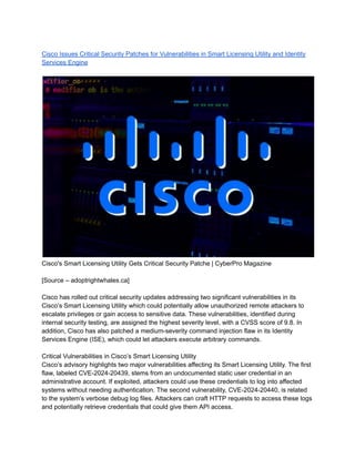 Cisco Issues Critical Security Patches for Vulnerabilities in Smart ...