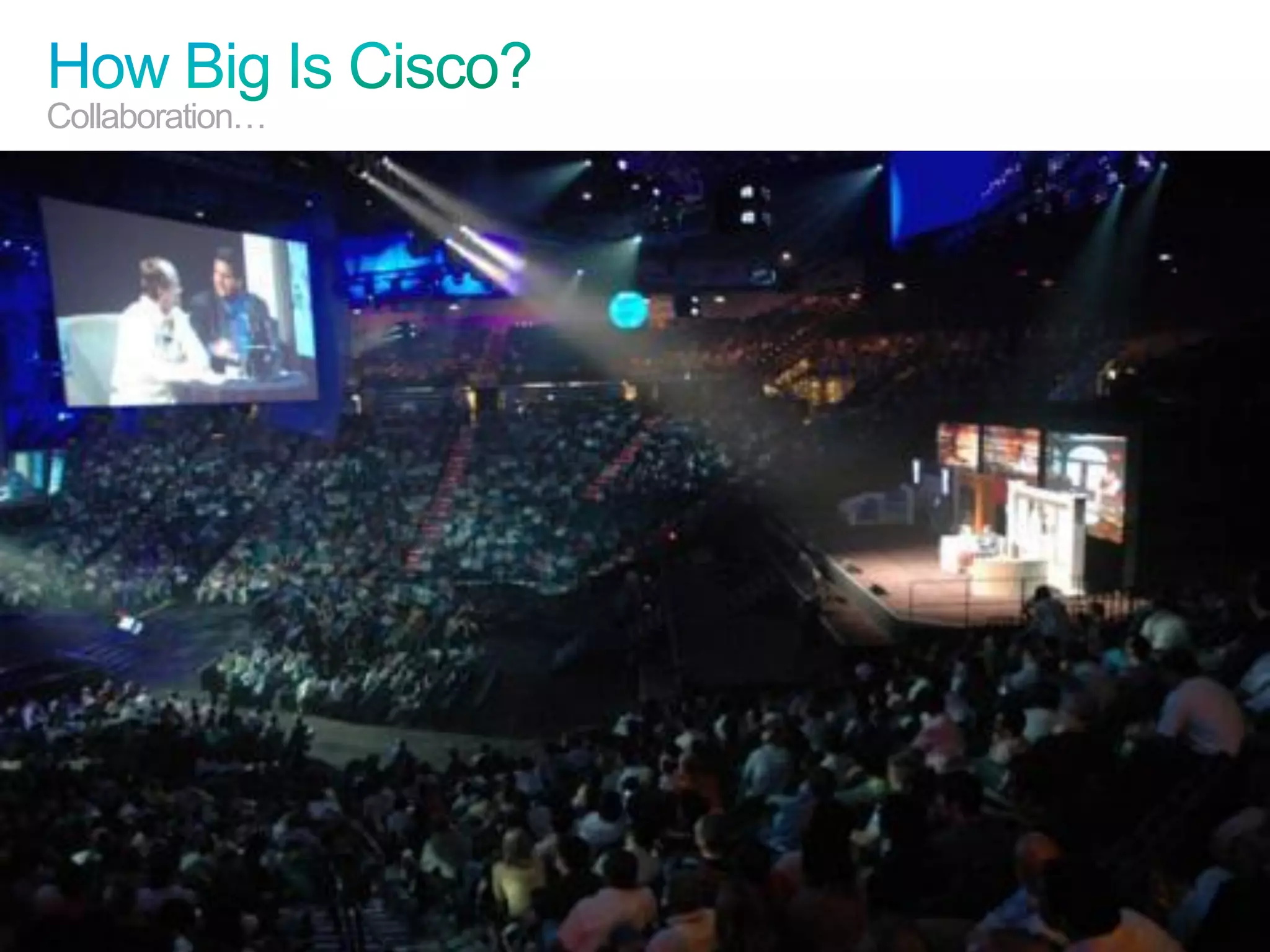 Collaboration…

  • 68,000 employees --                                    contractors -- 130+ Extranet partners
  • 350 locations in 90 countries
  • 440 buildings
  • 22M calls / yr. at 30+ IP Contact Centers
  • 980+ Telepresence units
  • 300,000 UC end devices (phones, softphones, mobile, etc).
  • 2.4 Million web pages; 42K Wiki pages
  • 110 Million conferencing minutes / month




© 2010 Cisco and/or its affiliates. All rights reserved.                                           Cisco Confidential   3
 
