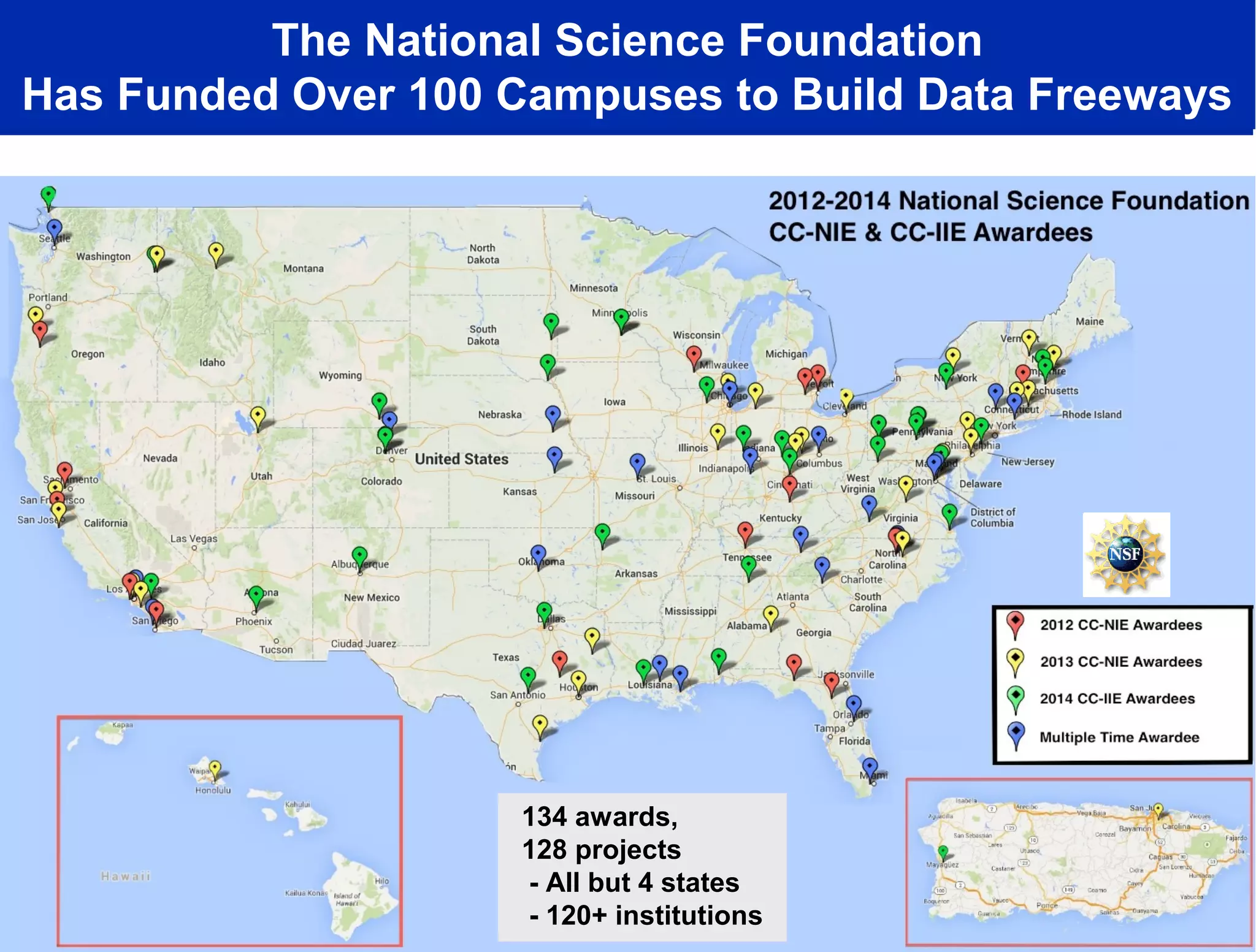 The National Science Foundation
Has Funded Over 100 Campuses to Build Data Freeways
134 awards,
128 projects
- All but 4 states
- 120+ institutions
 