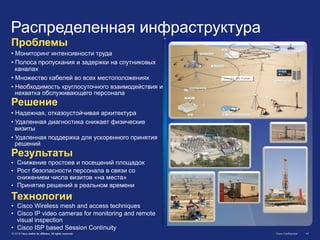 © 2011 Cisco and/or its affiliates. All rights reserved. Cisco Confidential 43© 2012 Cisco and/or its affiliates. All rights reserved. Cisco Confidential 43
Проблемы
• Мониторинг интенсивности труда
• Полоса пропускания и задержки на спутниковых
каналах
• Множество кабелей во всех местоположениях
• Необходимость круглосуточного взаимодействия и
нехватка обслуживающего персонала
Результаты
•  Снижение простоев и посещений площадок
•  Рост безопасности персонала в связи со
снижением числа визитов «на места»
•  Принятие решений в реальном времени
Решение
• Надежная, отказоустойчивая архитектура
• Удаленная диагностика снижает физические
визиты
• Удаленная поддержка для ускоренного принятия
решений
Технологии
•  Cisco Wireless mesh and access techniques
•  Cisco IP video cameras for monitoring and remote
visual inspection
•  Cisco ISP based Session Continuity
Распределенная инфраструктура
 