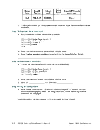 Router
Name
Serial 0
Address
Subnet
mask
Enable
Secret
password
Enable/VTY/Console
passwords
GAD 172.16.0.1 255.255.0.0 Cisco1
b. To change information, go to the proper command mode and retype the command with the new
information.
Step 7 Bring down Serial interface 0
a. Bring the interface down for maintenance by entering:
GAD(config)#interface Serial 0
GAD(config-if)#shutdown
GAD(config-if)#exit
GAD(config)#exit
GAD#
b. Issue the show interface Serial 0 and note the interface status.
c. Issue the show running-config command and note the status of interface Serial 0:
__________________________________________________________________________
Step 8 Bring up Serial interface 0
a. To make the interface operational, enable the interface by entering:
GAD(config)#interface Serial 0
GAD(config-if)#no shutdown
GAD(config-if)#exit
GAD (config)#exit
b. Issue the show interface Serial 0 and note the interface status.
c. Serial 0 is ________________. Line protocol is ________________.
Step 9 Verify the configuration
a. Issue a show running-config command from the privileged EXEC mode to see if the
modifications were properly made. If the configuration is not correct, reenter any incorrect
commands and verify again.
Upon completion of the previous steps, logoff by typing exit. Turn the router off.
3 - 5 CCNA 2: Routers and Routing Basics v 3.1 - Lab 3.1.6 Copyright  2003, Cisco Systems, Inc.
 