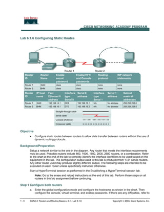 1 - 6 CCNA 2: Routers and Routing Basics v 3.1 - Lab 6.1.6 Copyright  2003, Cisco Systems, Inc.
Lab 6.1.6 Configuring Static Routes
Objective
• Configure static routes between routers to allow data transfer between routers without the use of
dynamic routing protocols.
Background/Preparation
Setup a network similar to the one in the diagram. Any router that meets the interface requirements
may be used. Possible routers include 800, 1600, 1700, 2500, 2600 routers, or a combination. Refer
to the chart at the end of the lab to correctly identify the interface identifiers to be used based on the
equipment in the lab. The configuration output used in this lab is produced from 1721 series routers.
Any other router used may produce slightly different output. The following steps are intended to be
executed on each router unless specifically instructed otherwise.
Start a HyperTerminal session as performed in the Establishing a HyperTerminal session lab.
Note: Go to the erase and reload instructions at the end of this lab. Perform those steps on all
routers in this lab assignment before continuing.
Step 1 Configure both routers
a. Enter the global configuration mode and configure the hostname as shown in the chart. Then
configure the console, virtual terminal, and enable passwords. If there are any difficulties, refer to
 