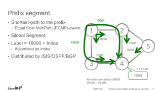 © 2016 Cisco and/or its affiliates. All rights reserved. Cisco Public
Prefix segment
• Shortest-path to the prefix
• Equal Cost MultiPath (ECMP)-aware
• Global Segment
• Label = 16000 + Index
• Advertised as index
• Distributed by ISIS/OSPF/BGP
1 2
3 4
5
16004
16004
16004
16004
16004
16004
16004
1.1.1.4/32
All nodes use default SRGB
16,000 – 23,999
BRKRST-3122 11
 