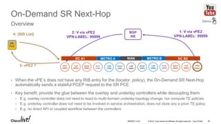 © 2016 Cisco and/or its affiliates. All rights reserved. Cisco Public
On-Demand SR Next-Hop
Overview
• When the vPE’s does not have any RIB entry for the (locator, policy), the On-Demand SR Next-Hop
automatically sends a stateful PCEP request to the SR PCE
• Key benefit: provide the glue between the overlay and underlay controllers while decoupling them
• E.g. overlay controller does not need to react to multi-domain underlay topology change, nor compute TE policies
• E.g. underlay controller does not need to be involved in service orchestration, does not store any a priori TE policy
• E.g. no direct API or coupled workflow between the controllers
vPE1
20001
ToR
20002
Spine
20003
LSR
17002
LSR
16003
vPE2
20001
ToR
20002
Spine
20003
LSR
18002
DC A1 METRO A METRO BWAN DC B2
SR
PCE
3: vPE2 ?
4: {SID List}
Demo
BGP
RR
2: V via vPE2
VPN-LABEL: 99999
1: V via vPE2
VPN-LABEL: 99999
BRKRST-3122 36
 