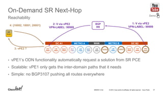 © 2016 Cisco and/or its affiliates. All rights reserved. Cisco Public
On-Demand SR Next-Hop
Reachability
• vPE1’s ODN functionality automatically request a solution from SR PCE
• Scalable: vPE1 only gets the inter-domain paths that it needs
• Simple: no BGP3107 pushing all routes everywhere
vPE1
20001
ToR
20002
Spine
20003
LSR
17002
LSR
16003
16002 vPE2
20001
ToR
20002
Spine
20003
18001LSR
18002
DC A1 METRO A METRO BWAN DC B2
SR
PCE
3: vPE2 ?
4: {16002, 18001, 20001} 2: V via vPE2
VPN-LABEL: 99999
1: V via vPE2
VPN-LABEL: 99999
Demo
BGP
RR
BRKRST-3122 37
 
