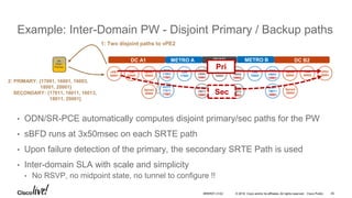 © 2016 Cisco and/or its affiliates. All rights reserved. Cisco Public
Example: Inter-Domain PW - Disjoint Primary / Backup paths
• ODN/SR-PCE automatically computes disjoint primary/sec paths for the PW
• sBFD runs at 3x50msec on each SRTE path
• Upon failure detection of the primary, the secondary SRTE Path is used
• Inter-domain SLA with scale and simplicity
• No RSVP, no midpoint state, no tunnel to configure !!
vPE1
20001
ToR
20002
Spine1
20003
DCI1
17001
17901
LSR
17002
AGG1
16001
16901
LSR
16003
AGG2
16002
16902
vPE2
20001
ToR
20002
Spine
20003
DCI2
18001
18901
LSR
18002
DC A1 METRO A METRO BWAN DC B2
DCI11
17011
17901
AGG11
16011
16901
AGG12
16012
16902
DCI11
18011
18901
Spine2
20004
Spine2
20004
SR
PCE1
Primary
1: Two disjoint paths to vPE2
2: PRIMARY: {17001, 16001, 16003,
18001, 20001}
SECONDARY: {17011, 16011, 16013,
18011, 20001}
Pri
Sec
BRKRST-3122 45
 