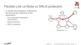 © 2016 Cisco and/or its affiliates. All rights reserved. Cisco Public
Flexible Link vs Node vs SRLG protection
• 2 checks the protection preference
for the primary interface of the
destination
• Link protection (illustration
assumption)
• Node protection
• SRLG protection
100 100
PE4 5
2 31
6 7 8
Source
Dest2
Default metric: 10
Demo
BRKRST-3122 49
 