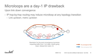 © 2016 Cisco and/or its affiliates. All rights reserved. Cisco Public
Microloops are a day-1 IP drawback
• IP hop-by-hop routing may induce microloop at any topology transition
• Link up/down, metric up/down
Upon link down convergence
Illustration for the post-convergence microloop
impacting traffic from 1 to 9 after link45 going
down. Default link metric 10
2 3 4
5
8 7 6
1
1000
9
Pre-convergence Path
Post-convergence Path
BRKRST-3122 53
 