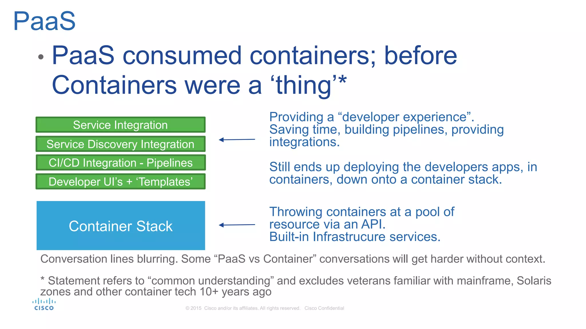 • PaaS consumed containers; before
Containers were a ‘thing’*
PaaS
Container Stack
Throwing containers at a pool of
resource via an API.
Built-in Infrastrucure services.
Conversation lines blurring. Some “PaaS vs Container” conversations will get harder without context.
* Statement refers to “common understanding” and excludes veterans familiar with mainframe, Solaris
zones and other container tech 10+ years ago
Developer UI’s + ‘Templates’
CI/CD Integration - Pipelines
Service Integration
Providing a “developer experience”.
Saving time, building pipelines, providing
integrations.
Still ends up deploying the developers apps, in
containers, down onto a container stack.
Service Discovery Integration
 