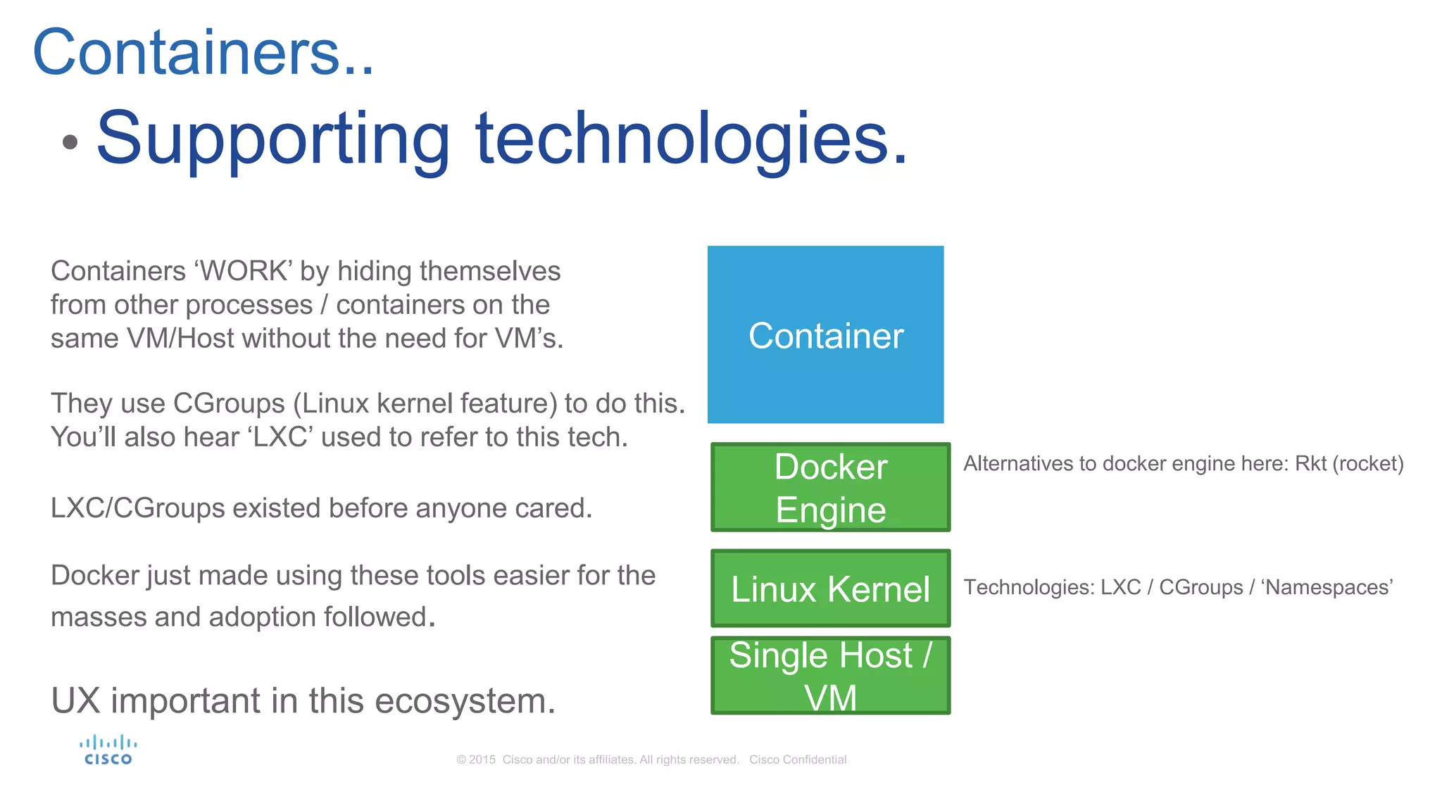 • Supporting technologies.
Containers..
Container
Docker
Engine
Alternatives to docker engine here: Rkt (rocket)
Linux Kernel Technologies: LXC / CGroups / ‘Namespaces’
Single Host /
VM
LXC/CGroups existed before anyone cared.
Docker just made using these tools easier for the
masses and adoption followed.
UX important in this ecosystem.
They use CGroups (Linux kernel feature) to do this.
You’ll also hear ‘LXC’ used to refer to this tech.
Containers ‘WORK’ by hiding themselves
from other processes / containers on the
same VM/Host without the need for VM’s.
 