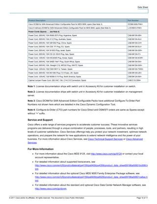 Data Sheet




                         Product Description                                                                                 Part Number

                         Cisco DCNM for SAN Advanced Edition Configurable Pack for MDS 9000, spare (See Note 3)              DCNM-SAN-PAK=

                         Cisco E-delivery DCNM for SAN Advanced Edition Configurable Pack for MDS 9000, spare (See Note 3)   L-DCNM-S-PAK=

                         Power Cords (Spares . . . see Note 4)

                         Power Cord, 250VAC 10A IRAM 2073 Plug, Argentina, Spare                                             CAB-9K10A-AR=

                         Power Cord, 250VAC 10A 3112 Plug, Australia, Spare                                                  CAB-9K10A-AU=

                         Power Cord, 250VAC 10A GB1002 Plug, China, Spare                                                    CAB-9K10A-CH=

                         Power Cord, 250VAC 10A CEE 7/7 Plug, EU, Spare                                                      CAB-9K10A-EU=

                         Power Cord, 250VAC 10A SI16S3 Plug, Israel, Spare                                                   CAB-9K10A-ISR=

                         Power Cord, 250VAC 10A CEI 23-16/VII Plug, Italy, Spare                                             CAB-9K10A-IT=

                         Power Cord, 125VAC 13A KSC8305 Plug, Korea, Spare                                                   CAB-9K10A-KOR=

                         Power Cord, 250VAC 10A SABS 164/1 Plug, South Africa, Spare                                         CAB-9K10A-SA=

                         Power Cord, 250VAC 10A, Straight C15, MP232 Plug, SWITZ, Spare                                      CAB-9K10A-SW=

                         Power Cord, 125VAC 15A CNS10917-2, Taiwan, Spare                                                    CAB-9K10A-TWN=

                         Power Cord, 250VAC 10A BS1363 Plug (13 A fuse), UK, Spare                                           CAB-9K10A-UK=

                         Power Cord, 125VAC 13A NEMA 5-15 Plug, North America, Spare                                         CAB-9K12A-NA=

                         Cabinet Jumper Power Cord, 250 VAC 13A, C14-C15 Connectors, Spare                                   CAB-C15-CBN=


                        Note 1: License documentation ships with switch unit in Accessory Kit for customer installation on switch.

                        Note 2: License documentation ships with switch unit in Accessory Kit for customer installation on management
                        server.

                        Note 3: Cisco DCNM for SAN Advanced Edition Configurable Packs have additional Configure-To-Order Part
                        Numbers not shown here which are detailed in the Cisco Dynamic Configuration Tool.

                        Note 4: Configure-to-Order (CTO) part numbers for Cisco Direct and OSM/STI orders are same as Spares except
                        without “=” suffix.

                        Service and Support
                        Cisco offers a wide range of services programs to accelerate customer success. These innovative services
                        programs are delivered through a unique combination of people, processes, tools, and partners, resulting in high
                        levels of customer satisfaction. Cisco Services offerings help you protect your network investment, optimize network
                        operations, and prepare the network for new applications to extend network intelligence and the power of your
                        business. For more information about Cisco Services, see Cisco Technical Support Services or Cisco Advanced
                        Services.

                        For More Information
                              ●   For more information about the Cisco MDS 9124, visit http://www.cisco.com/go/9124 or contact your local
                                  account representative.
                              ●   For detailed information about supported transceivers, see
                                  http://www.cisco.com/en/US/prod/collateral/ps4159/ps6409/ps4358/product_data_sheet09186a00801bc698.h
                                  tml.
                              ●   For detailed information about the optional Cisco MDS 9000 Family Enterprise Package software, see
                                  http://www.cisco.com/en/US/prod/collateral/ps4159/ps6409/ps6029/product_data_sheet09186a00801ca6ac.h
                                  tml.
                              ●   For detailed information about the standard and optional Cisco Data Center Network Manager software, see
                                  http://www.cisco.com/go/dcnm.


© 2011 Cisco and/or its affiliates. All rights reserved. This document is Cisco Public Information.                                   Page 10 of 11
 