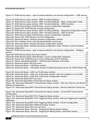 ▀ ONT-RGW MAIN FUNCTIONALITIES
▄ ME4600 Optical Network Termination Residential Gateway User Manual
8
Figure 73: WAN service setup – type of service selection and service configuration – GRE service
...........................................................................................................................................................................90
Figure 74: WAN Service setup window- GRE Tunneling Settings.........................................................91
Figure 75: WAN Service setup window- GRE Tunneling Settings – Basic configuration mode........91
Figure 76: WAN Service setup window- GRE Tunneling Settings – GRE Summary..........................92
Figure 77: WAN Service Setup Initial Window- service configuration displayed .................................92
Figure 78: Device Info- WAN Service Current configuration...................................................................93
Figure 79: WAN Service setup window- GRE Tunneling Settings – Advanced configuration mode93
Figure 80: WAN Service setup window- GRE Tunneling Settings – GRE Summary..........................94
Figure 81: WAN Service Setup Initial Window- service configuration displayed .................................95
Figure 82: Device Info- WAN Service Current configuration...................................................................95
Figure 83: Advanced Setup- interface grouping configuration window .................................................97
Figure 84: Wan interface used in the grouping selection combo box....................................................98
Figure 85: Advanced Setup- interface grouping configuration window .................................................98
Figure 86: Advanced Setup- Interface grouping configuration initial Window: Current interface
grouping configuration...................................................................................................................................98
Figure 87: WAN service setup – type of service selection and service configuration – Bridging
service..............................................................................................................................................................99
Figure 88: WAN Service Setup Summary window .................................................................................100
Figure 89: WAN Service Setup Initial Window- service configuration displayed ...............................101
Figure 90: Device Info- WAN Service Current configuration and IP Address ....................................101
Figure 91: Device Info/Statistics/WAN-- WAN Services Statistics Information.................................102
Figure 92: Advanced Setup LAN Sub-menu............................................................................................102
Figure 93: Advanced Setup - LAN Setup window...................................................................................103
Figure 94: Advanced Setup - LAN Setup window- Enable Secondary server (for DHCP Option 60)
.........................................................................................................................................................................105
Figure 95- Advanced Setup –LAN/ Lan VLAN setup window...............................................................105
Figure 96: Advanced Setup –LAN/ Lan VLAN setup window- Add and configure a Lan VLAN......106
Figure 97: Advanced Setup –LAN/ IPv6 VLAN Auto Configuration window ......................................107
Figure 98: Advanced Setup NAT Sub-menu ...........................................................................................108
Figure 99: Advanced Setup/NAT-Virtual Servers Setup window .........................................................109
Figure 100: Advanced Setup/NAT-Virtual Servers Setup window - Wan port, Service and Server IP
Address Configuration.................................................................................................................................109
Figure 101: Advanced Setup/NAT-Virtual Servers Setup window - Service Selection Combo box
.........................................................................................................................................................................110
Figure 102: Advanced Setup/NAT-Virtual Servers Setup window - Current NAT Virtual Server
Configuration.................................................................................................................................................110
Figure 103: Advanced Setup/NAT-Port Triggering Setup window.......................................................111
Figure 104: Advanced Setup/NAT-Port Triggering Setup window -Add port triggering for specified
application .....................................................................................................................................................112
Figure 105: Advanced Setup/NAT-Port Triggering Setup window -Current configuration ...............112
Figure 106: Advanced Setup/NAT-DMZ Host Setup window ...............................................................113
Figure 107: Advanced Setup Security Sub-menu...................................................................................114
Figure 108: Advanced Setup, Security - Outgoing IP filtering Setup window ....................................115
Figure 109: Advanced Setup, Security - Outgoing IP filtering Setup –Add Filter window................115
 