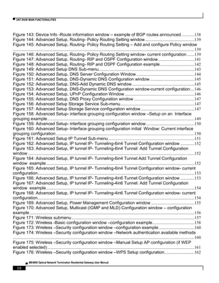 ▀ ONT-RGW MAIN FUNCTIONALITIES
▄ ME4600 Optical Network Termination Residential Gateway User Manual
10
Figure 143: Device Info -Route information window – example of BGP routes announced............138
Figure 144: Advanced Setup, Routing- Policy Routing Setting window..............................................139
Figure 145: Advanced Setup, Routing- Policy Routing Setting – Add and configure Policy window
.........................................................................................................................................................................139
Figure 146: Advanced Setup, Routing- Policy Routing Setting window- current configuration.......139
Figure 147: Advanced Setup, Routing- RIP and OSPF Configuration window..................................141
Figure 148: Advanced Setup, Routing- RIP and OSPF Configuration example................................142
Figure 149: Advanced Setup DNS Sub-menu.........................................................................................143
Figure 150: Advanced Setup, DNS Server Configuration Window......................................................144
Figure 151: Advanced Setup, DNS-Dynamic DNS Configuration window .........................................145
Figure 152: Advanced Setup, DNS-Add Dynamic DNS window..........................................................145
Figure 153: Advanced Setup, DNS-Dynamic DNS Configuration window-current configuration....146
Figure 154: Advanced Setup, UPnP Configuration Window.................................................................146
Figure 155: Advanced Setup, DNS Proxy Configuration window ........................................................147
Figure 156: Advanced Setup Storage Service Sub-menu.....................................................................147
Figure 157: Advanced Setup Storage Service configuration window..................................................147
Figure 158: Advanced Setup- interface grouping configuration window –Setup on an Interface
grouping example.........................................................................................................................................149
Figure 159: Advanced Setup- interface grouping configuration window.............................................150
Figure 160: Advanced Setup- Interface grouping configuration initial Window: Current interface
grouping configuration.................................................................................................................................150
Figure 161: Advanced Setup IP Tunnel Sub-menu................................................................................151
Figure 162: Advanced Setup, IP tunnel IP- Tunneling-6in4 Tunnel Configuration window .............152
Figure 163: Advanced Setup, IP tunnel IP- Tunneling-6in4 Tunnel: Add Tunnel Configuration
window ...........................................................................................................................................................152
Figure 164: Advanced Setup, IP tunnel IP- Tunneling-6in4 Tunnel Add Tunnel Configuration
window example..........................................................................................................................................152
Figure 165: Advanced Setup, IP tunnel IP- Tunneling-6in4 Tunnel Configuration window- current
configuration..................................................................................................................................................153
Figure 166: Advanced Setup, IP tunnel IP- Tunneling-4in6 Tunnel Configuration window .............153
Figure 167: Advanced Setup, IP tunnel IP- Tunneling-4in6 Tunnel: Add Tunnel Configuration
window example..........................................................................................................................................154
Figure 168: Advanced Setup, IP tunnel IP- Tunneling-4in6 Tunnel Configuration window- current
configuration..................................................................................................................................................154
Figure 169: Advanced Setup, Power Management Configuration window ........................................155
Figure 170: Advanced Setup, Multicast (IGMP and MLD) Configuration window – configuration
example .........................................................................................................................................................156
Figure 171: Wireless submenu ..................................................................................................................157
Figure 172: Wireless -Basic configuration window –configuration example.......................................158
Figure 173: Wireless –Security configuration window –configuration example .................................160
Figure 174: Wireless –Security configuration window –Network authentication available methods
.........................................................................................................................................................................160
Figure 175: Wireless –Security configuration window –Manual Setup AP configuration (if WEP
enabled selected).........................................................................................................................................161
Figure 176: Wireless –Security configuration window –WPS Setup configuration............................162
 