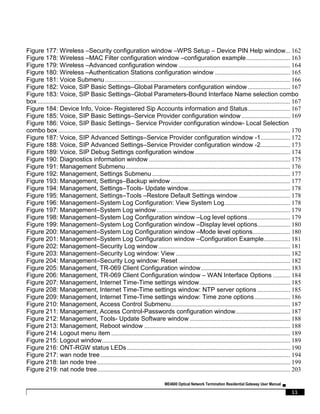 ME4600 Optical Network Termination Residential Gateway User Manual ▄
11
Figure 177: Wireless –Security configuration window –WPS Setup – Device PIN Help window... 162
Figure 178: Wireless –MAC Filter configuration window –configuration example............................ 163
Figure 179: Wireless –Advanced configuration window ....................................................................... 164
Figure 180: Wireless –Authentication Stations configuration window ................................................ 165
Figure 181: Voice Submenu ...................................................................................................................... 166
Figure 182: Voice, SIP Basic Settings–Global Parameters configuration window ........................... 167
Figure 183: Voice, SIP Basic Settings–Global Parameters-Bound Interface Name selection combo
box ................................................................................................................................................................. 167
Figure 184: Device Info, Voice- Registered Sip Accounts information and Status........................... 167
Figure 185: Voice, SIP Basic Settings–Service Provider configuration window ............................... 169
Figure 186: Voice, SIP Basic Settings– Service Provider configuration window- Local Selection
combo box .................................................................................................................................................... 170
Figure 187: Voice, SIP Advanced Settings–Service Provider configuration window -1................... 172
Figure 188: Voice, SIP Advanced Settings–Service Provider configuration window -2................... 173
Figure 189: Voice, SIP Debug Settings configuration window............................................................. 174
Figure 190: Diagnostics information window .......................................................................................... 175
Figure 191: Management Submenu......................................................................................................... 176
Figure 192: Management, Settings Submenu ........................................................................................ 177
Figure 193: Management, Settings–Backup window ............................................................................ 177
Figure 194: Management, Settings–Tools- Update window................................................................. 178
Figure 195: Management, Settings–Tools –Restore Default Settings window ................................. 178
Figure 196: Management–System Log Configuration: View System Log.......................................... 178
Figure 197: Management–System Log window ..................................................................................... 179
Figure 198: Management–System Log Configuration window –Log level options........................... 179
Figure 199: Management–System Log Configuration window –Display level options..................... 180
Figure 200: Management–System Log Configuration window –Mode level options........................ 180
Figure 201: Management–System Log Configuration window –Configuration Example................. 181
Figure 202: Management–Security Log window .................................................................................... 181
Figure 203: Management–Security Log window: View ......................................................................... 182
Figure 204: Management–Security Log window: Reset ....................................................................... 182
Figure 205: Management, TR-069 Client Configuration window......................................................... 183
Figure 206: Management, TR-069 Client Configuration window – WAN Interface Options ........... 184
Figure 207: Management, Internet Time-Time settings window.......................................................... 185
Figure 208: Management, Internet Time-Time settings window: NTP server options ..................... 185
Figure 209: Management, Internet Time-Time settings window: Time zone options....................... 186
Figure 210: Management, Access Control Submenu............................................................................ 187
Figure 211: Management, Access Control-Passwords configuration window................................... 187
Figure 212: Management, Tools- Update Software window ................................................................ 188
Figure 213: Management, Reboot window ............................................................................................. 188
Figure 214: Logout menu item .................................................................................................................. 189
Figure 215: Logout window........................................................................................................................ 189
Figure 216: ONT-RGW status LEDs ........................................................................................................ 190
Figure 217: wan node tree......................................................................................................................... 194
Figure 218: lan node tree........................................................................................................................... 199
Figure 219: nat node tree........................................................................................................................... 203
 