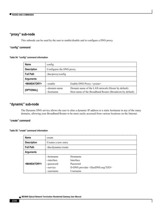 ▀ NODES AND COMMANDS
▄ ME4600 Optical Network Termination Residential Gateway User Manual
208
“proxy” sub-node
This subnode can be used by the user to enable/disable and to configure a DNS proxy.
“config” command
Table 54: "config" command information
Name config
Description Configures the DNS proxy
Full Path /dns/proxy/config
Arguments
<MANDATORY> --enable Enable DNS Proxy <yes|no>
[OPTIONAL]
--domain-name Domain name of the LAN network (Home by default)
--hostname Host name of the Broadband Router (Broadcom by default)
“dynamic” sub-node
The Dynamic DNS service allows the user to alias a dynamic IP address to a static hostname in any of the many
domains, allowing your Broadband Router to be more easily accessed from various locations on the Internet.
“create” command
Table 55: "create" command information
Name create
Description Creates a new entry
Full Path /dns/dynamic/create
Arguments
<MANDATORY>
--hostname Hostname
--interface Interface
--password Password
--service D-DNS provider <DynDNS.org/TZO>
--username Username
 