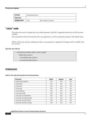 ▀ NODES AND COMMANDS
▄ ME4600 Optical Network Termination Residential Gateway User Manual
212
Full Path /qos/queue/remove
Arguments
<MANDATORY> --key Key of entry to remove
“voice” node
This node can be used to configure the voice-related parameters. Only SIP is supported and there are two SIP accounts
available.
This command also allows the start/stop of the voice application, as well as restoring the settings to their default values.
NOTE: At this point, only the configuration of basic voice parameters is supported. Full support must be available in the
next versions.
Figure 222: voice node tree
+ voice[@restore-default, @show, @start, @stop]
+ sip[@config, @show]
+ account0[@config, @show]
+ account1[@config, @show]
PERMISSIONS
Table 63: voice node and sub-node tree command permissions
Command Admin Support User
/voice/restore-default Yes Yes No
/voice/show Yes Yes Yes
/voice/start Yes Yes No
/voice/stop Yes Yes No
/voice/sip/show Yes Yes No
/voice/sip/config Yes Yes No
/voice/sip /account0/show Yes Yes No
/voice/sip /account0/config Yes Yes No
/voice/sip /account1/show Yes Yes No
/voice/sip /account1/config Yes Yes No
 