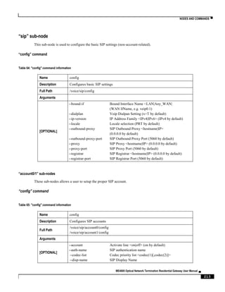 NODES AND COMMANDS ▀
ME4600 Optical Network Termination Residential Gateway User Manual ▄
213
“sip” sub-node
This sub-node is used to configure the basic SIP settings (non-account-related).
“config” command
Table 64: "config" command information
Name config
Description Configures basic SIP settings
Full Path /voice/sip/config
Arguments
[OPTIONAL]
--bound-if Bound Interface Name <LAN|Any_WAN|
(WAN IfName, e.g. veip0.1)
--dialplan Voip Dialpan Setting (x+T by default)
--ip-version IP Address Family <IPv4|IPv6> (IPv4 by default)
--locale Locale selection (PRT by default)
--outbound-proxy SIP Outbound Proxy <hostname|IP>
(0.0.0.0 by default)
--outbound-proxy-port SIP Outbound Proxy Port (5060 by default)
--proxy SIP Proxy <hostname|IP> (0.0.0.0 by default)
--proxy-port SIP Proxy Port (5060 by default)
--registrar SIP Registrar <hostname|IP> (0.0.0.0 by default)
--registrar-port SIP Registrar Port (5060 by default)
“account0/1” sub-nodes
These sub-nodes allows a user to setup the proper SIP account.
“config” command
Table 65: "config" command information
Name config
Description Configures SIP accounts
Full Path
/voice/sip/account0/config
/voice/sip/account1/config
Arguments
[OPTIONAL]
--account Activate line <on|off> (on by default)
--auth-name SIP authentication name
--codec-list Codec priority list <codec(1)[,codec(2)]>
--disp-name SIP Display Name
 