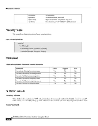 ▀ NODES AND COMMANDS
▄ ME4600 Optical Network Termination Residential Gateway User Manual
214
--extension SIP extension
--password SIP authentication password
--phys-endpt Physical Terminal Assignment <0|1|0,1>
--pref-time Packetization period <10|20|30> (20 by default)
“security” node
This node allows the configuration of some security settings.
Figure 223: security node tree
+ security[]
+ ip-filtering[]
+ incoming[@create, @remove, @show]
+ outgoing[@create, @remove, @show]
PERMISSIONS
Table 66: security node and sub-node tree command permissions
Command Admin Support User
/security/ip-filtering/incoming/create Yes No No
/security /ip-filtering/incoming/remove Yes No No
/security /ip-filtering/incoming/show Yes No No
/security /ip-filtering/outgoing/create Yes No No
/security /ip-filtering/outgoing/remove Yes No No
/security /ip-filtering/outgoing/show Yes No No
“ip-filtering” sub-node
“incoming” sub-node
When the firewall is enabled on a WAN or LAN interface, all incoming IP traffic is BLOCKED. However, some IP
traffic can be ACCEPTED by setting up filters. The aim of this sub-node is to allow the configuration of those filters.
“create” command
 