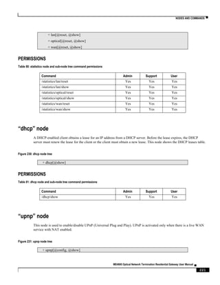 NODES AND COMMANDS ▀
ME4600 Optical Network Termination Residential Gateway User Manual ▄
221
+ lan[@reset, @show]
+ optical[@reset, @show]
+ wan[@reset, @show]
PERMISSIONS
Table 80: statistics node and sub-node tree command permissions
Command Admin Support User
/statistics/lan/reset Yes Yes Yes
/statistics/lan/show Yes Yes Yes
/statistics/optical/reset Yes Yes Yes
/statistics/optical/show Yes Yes Yes
/statistics/wan/reset Yes Yes Yes
/statistics/wan/show Yes Yes Yes
“dhcp” node
A DHCP-enabled client obtains a lease for an IP address from a DHCP server. Before the lease expires, the DHCP
server must renew the lease for the client or the client must obtain a new lease. This node shows the DHCP leases table.
Figure 230: dhcp node tree
+ dhcp[@show]
PERMISSIONS
Table 81: dhcp node and sub-node tree command permissions
Command Admin Support User
/dhcp/show Yes Yes Yes
“upnp” node
This node is used to enable/disable UPnP (Universal Plug and Play). UPnP is activated only when there is a live WAN
service with NAT enabled.
Figure 231: upnp node tree
+ upnp[@config, @show]
 