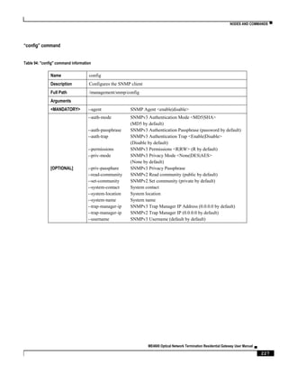 NODES AND COMMANDS ▀
ME4600 Optical Network Termination Residential Gateway User Manual ▄
227
“config” command
Table 94: "config" command information
Name config
Description Configures the SNMP client
Full Path /management/snmp/config
Arguments
<MANDATORY> --agent SNMP Agent <enable|disable>
[OPTIONAL]
--auth-mode SNMPv3 Authentication Mode <MD5|SHA>
(MD5 by default)
--auth-passphrase SNMPv3 Authentication Passphrase (password by default)
--auth-trap SNMPv3 Authentication Trap <Enable|Disable>
(Disable by default)
--permissions SNMPv3 Permissions <R|RW> (R by default)
--priv-mode SNMPv3 Privacy Mode <None|DES|AES>
(None by default)
--priv-passphare SNMPv3 Privacy Passphrase
--read-community SNMPv2 Read community (public by default)
--set-community SNMPv2 Set community (private by default)
--system-contact System contact
--system-location System location
--system-name System name
--trap-manager-ip SNMPv3 Trap Manager IP Address (0.0.0.0 by default)
--trap-manager-ip SNMPv2 Trap Manager IP (0.0.0.0 by default)
--username SNMPv3 Username (default by default)
 