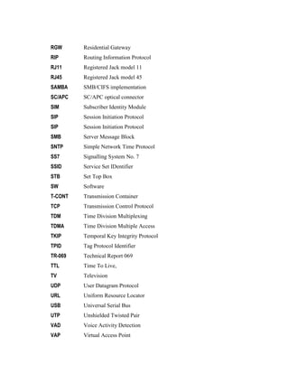 RGW Residential Gateway
RIP Routing Information Protocol
RJ11 Registered Jack model 11
RJ45 Registered Jack model 45
SAMBA SMB/CIFS implementation
SC/APC SC/APC optical connector
SIM Subscriber Identity Module
SIP Session Initiation Protocol
SIP Session Initiation Protocol
SMB Server Message Block
SNTP Simple Network Time Protocol
SS7 Signalling System No. 7
SSID Service Set IDentifier
STB Set Top Box
SW Software
T-CONT Transmission Container
TCP Transmission Control Protocol
TDM Time Division Multiplexing
TDMA Time Division Multiple Access
TKIP Temporal Key Integrity Protocol
TPID Tag Protocol Identifier
TR-069 Technical Report 069
TTL Time To Live,
TV Television
UDP User Datagram Protocol
URL Uniform Resource Locator
USB Universal Serial Bus
UTP Unshielded Twisted Pair
VAD Voice Activity Detection
VAP Virtual Access Point
 