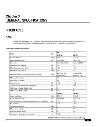 ME4600 Optical Network Termination Residential Gateway User Manual ▄
30
Chapter 3
GENERAL SPECIFICATIONS
INTERFACES
GPON
The ONT-RGW GPON G.984.x layer uses 1490nm downstream and 1310nm upstream optical wavelengths, with
2,488Gbps downstream and 1,244Gbps upstream by using an SC/APC protected optical connector.
Table 3: Optical interfaces specifications
Items Unit
B+ C+
ONT Tx ONT Tx
Nominal bit rate Mbps 1244.16 1244.16
Operating wavelength nm 1260-1360 1260-1360
Line code -- Scrambled NRZ Scrambled NRZ
Minimum ORL of ODN dB >32 >32
Mean launched power MIN dBm +0.5 +0.5
Mean launched power MAX dBm +5 +5
Launched optical power without input to the Tx dBm
Less than Min
sensitivity -10
Less than Min
sensitivity -10
Maximum Tx Enable 16 16
Maximum Tx Disable 16 16
Extinction ratio dB >8.2 >8.2
Tolerance to the Tx incident light power dB >-15 >-15
SLM Laser – MAX −20 dB width nm 1 1
SLM Laser – MIN SMSR dB 30 30
ONT Rx ONT Rx
Receiving bit rate Mbps 2488.32 2488.32
Receiving wavelength nm 1480-1500 1480-1500
Max reflectance of equipment, measured at Rx wavelength dB <-20 <-20
Bit error ratio -- <-10-10
<-10-10
Minimum sensitivity dBm -27 -30*
Minimum overload dBm -8 -8*
Upstream optical penalty dB 0.5 0.5
Consecutive identical digit immunity bit >72 >72
 