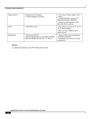 ▀ GENERAL SERVICE DESCRIPTION
▄ ME4600 Optical Network Termination Residential Gateway User Manual
36
Video Overlay (1)
> One port on a F Connector;
> 75 Ohm impedance (nominal).
> TV overlay: 1550nm -8dBm < Pin <
+2dBm;
> Analog bandwidth: minimum 47
MHz and maximum 1000 MHz;
> Channel number depends on PAL
B/G, PAL M, etc, systems.
WI-FI > IEEE 802.11 b/g/n > 802.11 b/g: 1, 2, 5.5, 6, 9, 11, 12, 18,
24, 36, 48 and 54Mb/s;
> 802.11 n: Up to 300Mb/s over 2
spatial streams.
Management > Web-based with GUI;
> Remote management over the OMCI, PLOAM,
OAM and TR-069, TR-104, TR-111, TR-142.
> Secure software download upgrade
via OMCI or TR-069;
> Embedded Telnet server for remote
management.
NOTES:
(1) Optional. Dependent on the ONT-RGW specific model
 