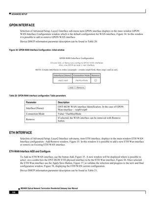 ▀ ADVANCED SETUP
▄ ME4600 Optical Network Termination Residential Gateway User Manual
64
GPON INTERFACE
Selection of Advanced Setup, Layer2 Interface sub-menu item GPON interface displays in the main window GPON
WAN Interface Configuration window which is the default configuration for WAN interface, Figure 34. In this window
it is possible to add or remove GPON WAN interface.
Device DHCP information parameter description can be found in Table 20.
Figure 34: GPON WAN Interface Configuration- initial window
Table 20: GPON WAN interface configuration Table parameters
Parameter Description
Interface/(Name)
ONT-RGW WAN interface Identification. In the case of GPON
Wan interface – veip0/veip0
Connection Mode Value: VlanMuxMode
Remove
If selected, the WAN interface can be removed with Remove
button
ETH INTERFACE
Selection of Advanced Setup, Layer2 Interface sub-menu, item ETH interface, displays in the main window ETH WAN
Interface configuration –Add/Remove window, Figure 35. In this window it is possible to add a new ETH Wan interface
or remove an Existing ETH WAN interface.
ETH WAN Interface ADD and Configure
To Add na ETH WAN interface, use the button Add, Figure 35. A new window will be displayed where is possible to
select on a combo box the ONT-RGW ETH physical interface to be the ETH Wan interface, Figure 36. Once selected
the ETH Wan interface use the Apply/Save Button, Figure 37, to validate the selection and progress to the next and final
configuration window, Figure 38, displaying the ETH WAN current configuration.
Device DHCP information parameter description can be found in Table 21.
 