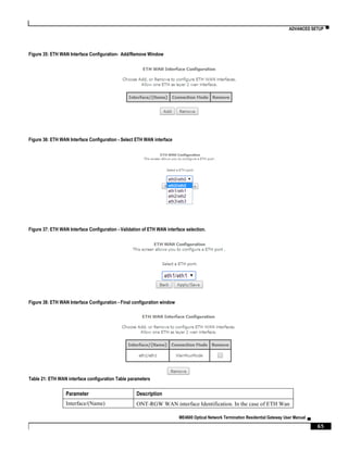ADVANCED SETUP ▀
ME4600 Optical Network Termination Residential Gateway User Manual ▄
65
Figure 35: ETH WAN Interface Configuration- Add/Remove Window
Figure 36: ETH WAN Interface Configuration - Select ETH WAN interface
Figure 37: ETH WAN Interface Configuration - Validation of ETH WAN interface selection.
Figure 38: ETH WAN Interface Configuration - Final configuration window
Table 21: ETH WAN interface configuration Table parameters
Parameter Description
Interface/(Name) ONT-RGW WAN interface Identification. In the case of ETH Wan
 