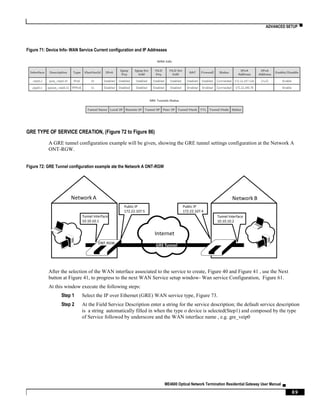 ADVANCED SETUP ▀
ME4600 Optical Network Termination Residential Gateway User Manual ▄
89
Figure 71: Device Info- WAN Service Current configuration and IP Addresses
GRE TYPE OF SERVICE CREATION, (Figure 72 to Figure 86)
A GRE tunnel configuration example will be given, showing the GRE tunnel settings configuration at the Network A
ONT-RGW.
Figure 72: GRE Tunnel configuration example ate the Network A ONT-RGW
After the selection of the WAN interface associated to the service to create, Figure 40 and Figure 41 , use the Next
button at Figure 41, to progress to the next WAN Service setup window- Wan service Configuration, Figure 61.
At this window execute the following steps:
Step 1 Select the IP over Ethernet (GRE) WAN service type, Figure 73.
Step 2 At the Field Service Description enter a string for the service description; the default service description
is a string automatically filled in when the type o device is selected(Step1) and composed by the type
of Service followed by underscore and the WAN interface name , e.g. gre_veip0
Internet
ONT-RGW ONT-RGW
Network A Network B
GRETunnel
Public IP
172.22.107.5
Public IP
172.22.107.4
Tunnel Interface
10.10.10.1
Tunnel Interface
10.10.10.2
 